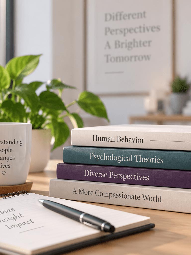 A stack of four books titled Human Behavior, Psychological Theories, Diverse Perspectives, and A More Compassionate World, resting on a desk next to a notebook, pen, and potted plant.