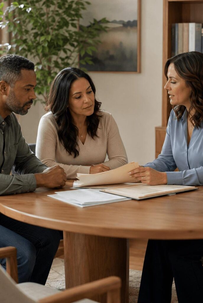 A financial advisor reviews documents with a couple at a round wooden table.