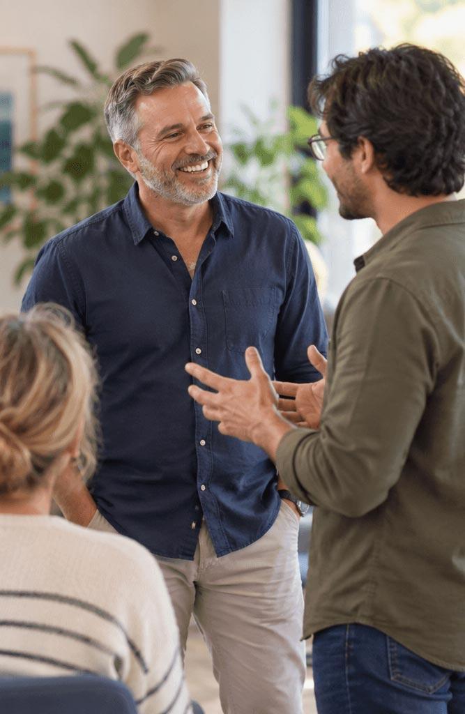 Two men in casual shirts talk to each other while standing in an office.