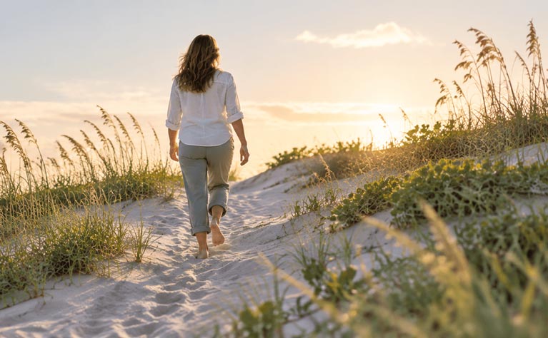 A woman walks barefoot along a sandy path through dunes toward a sunset.
