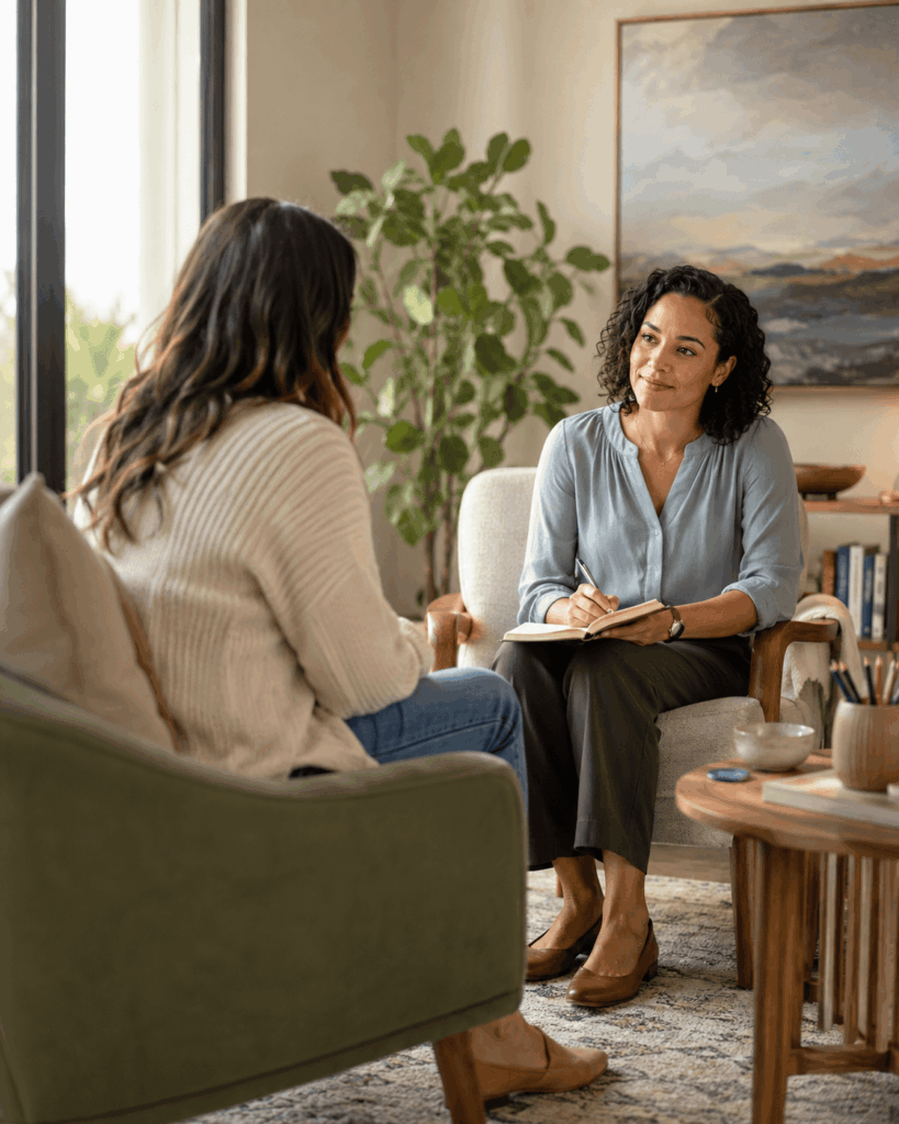 A therapist takes notes in a notebook while listening to a client during a session in an office.