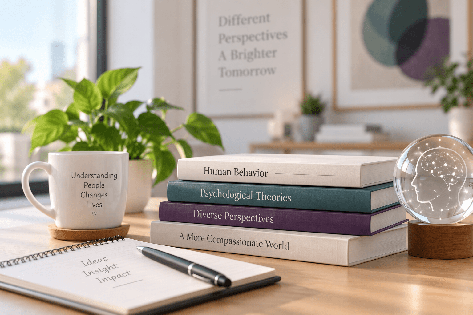 A desk featuring a stack of four books titled Human Behavior, Psychological Theories, Diverse Perspectives, and A More Compassionate World, alongside a mug, a notebook with the words “Ideas Insight Impact,” and a glass brain ornament.